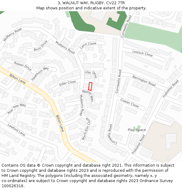 3, WALNUT WAY, RUGBY, CV22 7TR: Location map and indicative extent of plot