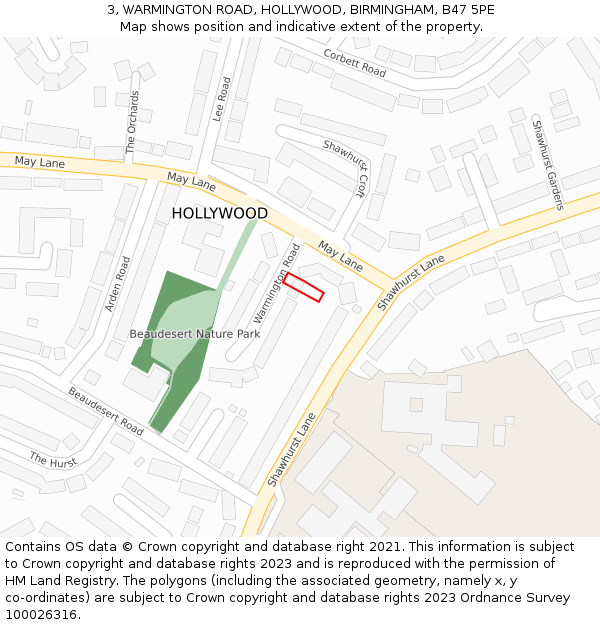 3, WARMINGTON ROAD, HOLLYWOOD, BIRMINGHAM, B47 5PE: Location map and indicative extent of plot