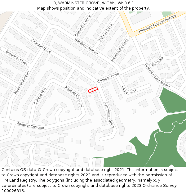 3, WARMINSTER GROVE, WIGAN, WN3 6JF: Location map and indicative extent of plot