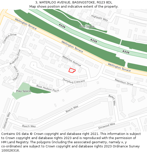 3, WATERLOO AVENUE, BASINGSTOKE, RG23 8DL: Location map and indicative extent of plot