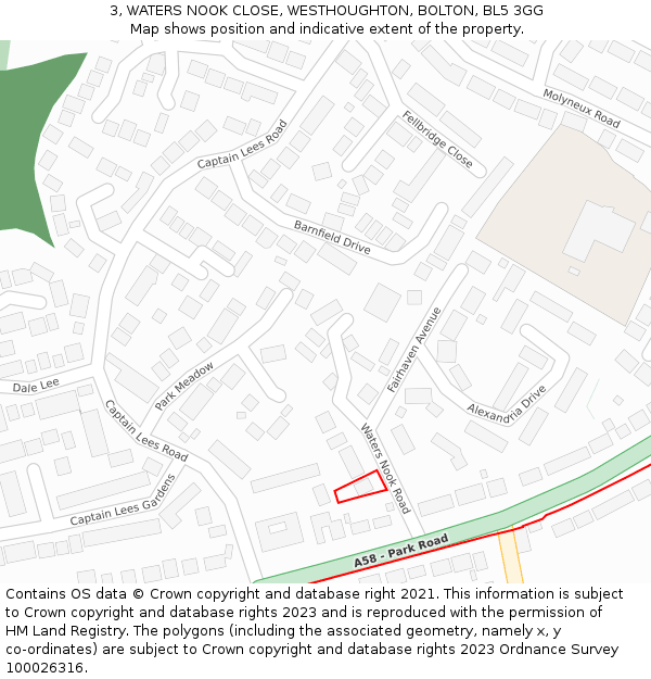 3, WATERS NOOK CLOSE, WESTHOUGHTON, BOLTON, BL5 3GG: Location map and indicative extent of plot