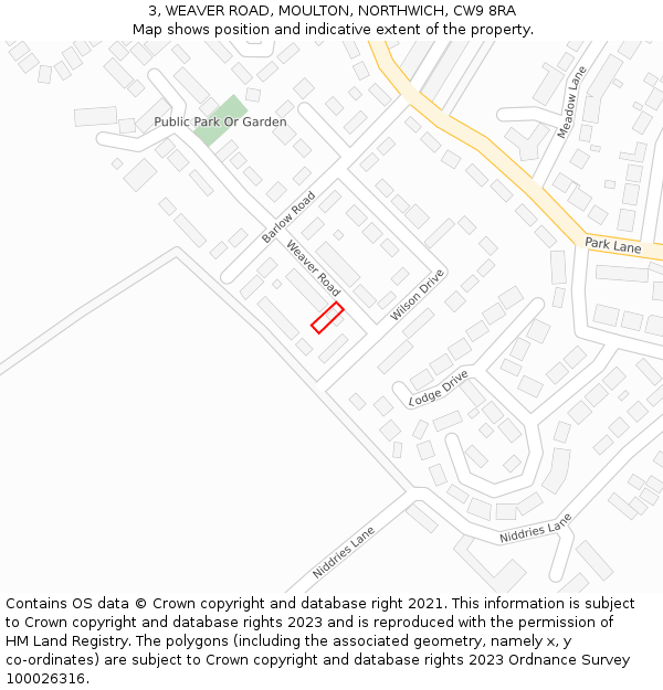 3, WEAVER ROAD, MOULTON, NORTHWICH, CW9 8RA: Location map and indicative extent of plot