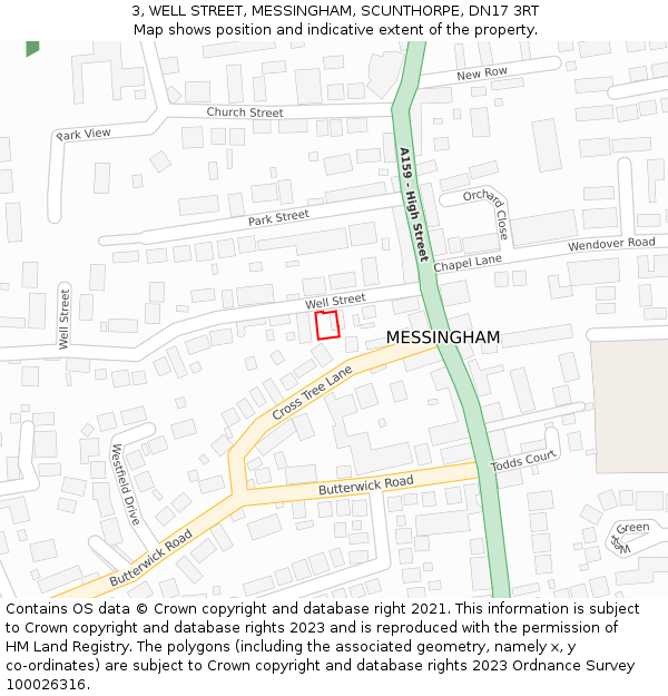 3, WELL STREET, MESSINGHAM, SCUNTHORPE, DN17 3RT: Location map and indicative extent of plot