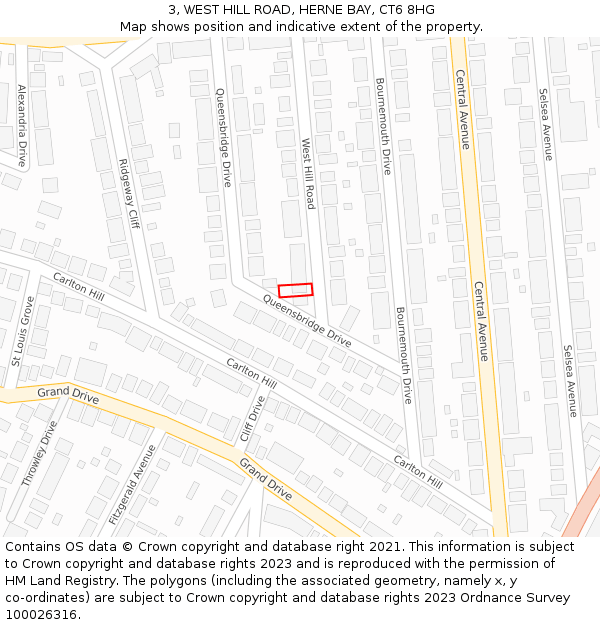 3, WEST HILL ROAD, HERNE BAY, CT6 8HG: Location map and indicative extent of plot