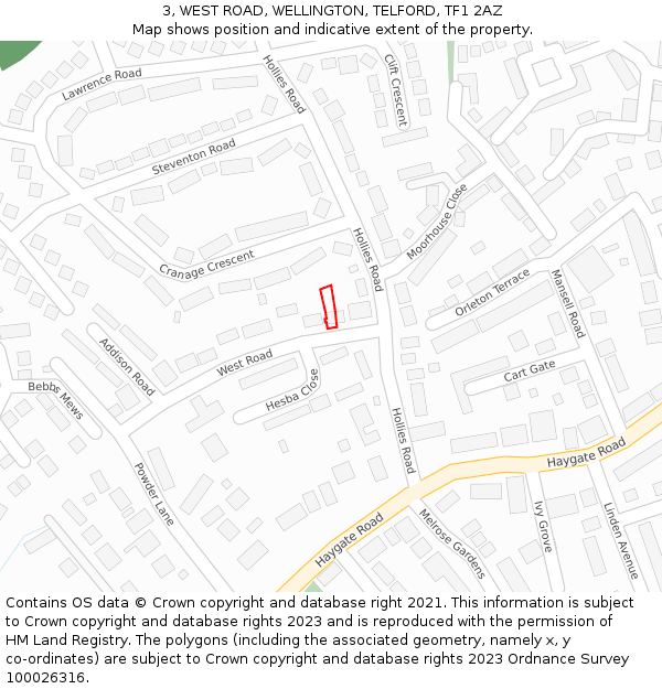 3, WEST ROAD, WELLINGTON, TELFORD, TF1 2AZ: Location map and indicative extent of plot