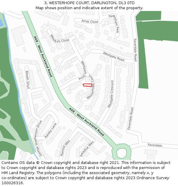 3, WESTERHOPE COURT, DARLINGTON, DL3 0TD: Location map and indicative extent of plot