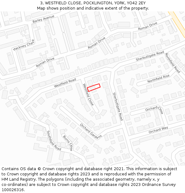 3, WESTFIELD CLOSE, POCKLINGTON, YORK, YO42 2EY: Location map and indicative extent of plot