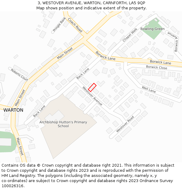 3, WESTOVER AVENUE, WARTON, CARNFORTH, LA5 9QP: Location map and indicative extent of plot