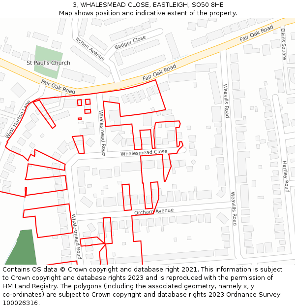 3, WHALESMEAD CLOSE, EASTLEIGH, SO50 8HE: Location map and indicative extent of plot