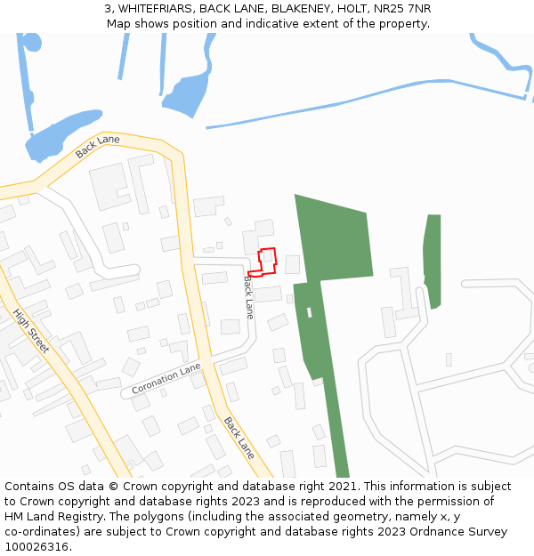 3, WHITEFRIARS, BACK LANE, BLAKENEY, HOLT, NR25 7NR: Location map and indicative extent of plot