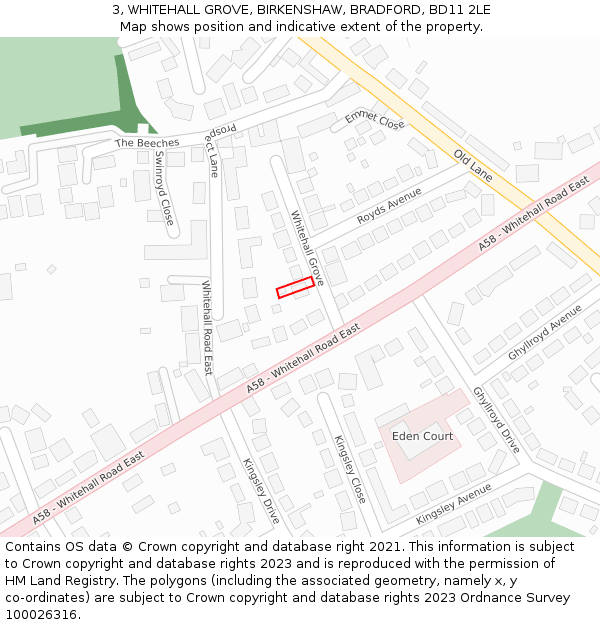 3, WHITEHALL GROVE, BIRKENSHAW, BRADFORD, BD11 2LE: Location map and indicative extent of plot