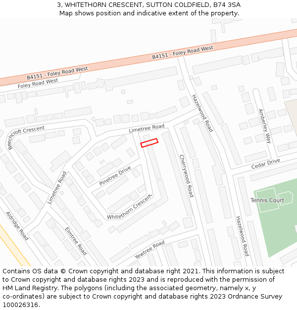 3, WHITETHORN CRESCENT, SUTTON COLDFIELD, B74 3SA: Location map and indicative extent of plot