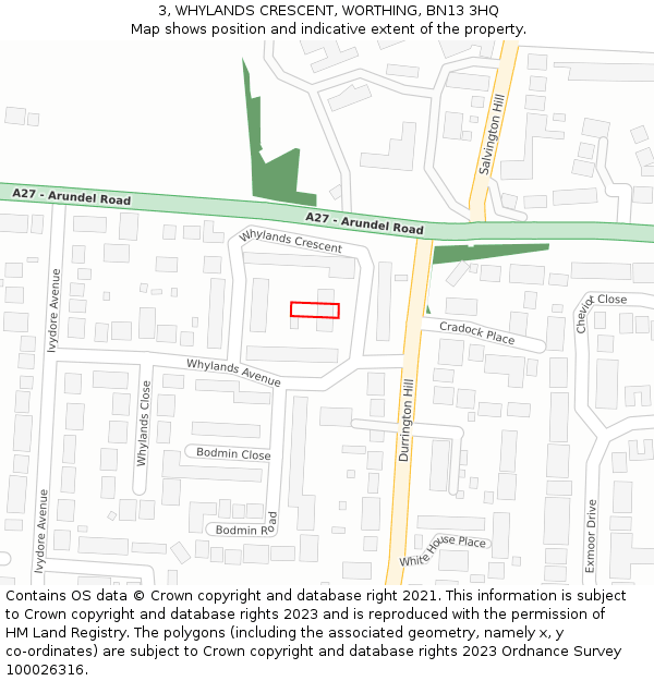 3, WHYLANDS CRESCENT, WORTHING, BN13 3HQ: Location map and indicative extent of plot