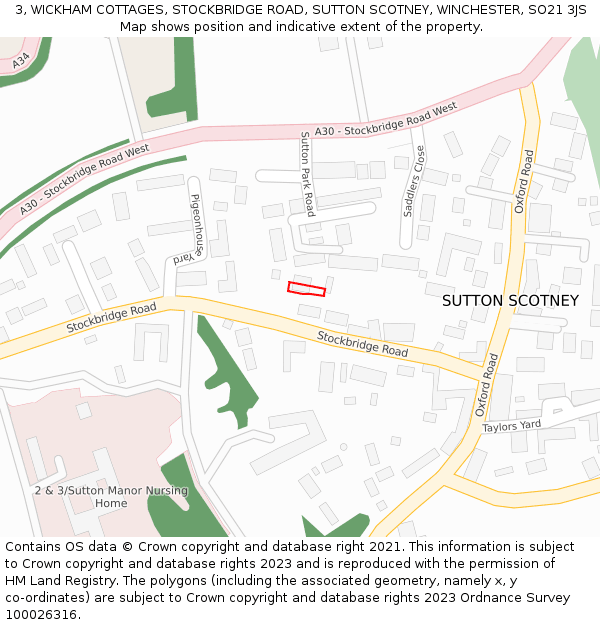 3, WICKHAM COTTAGES, STOCKBRIDGE ROAD, SUTTON SCOTNEY, WINCHESTER, SO21 3JS: Location map and indicative extent of plot