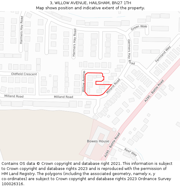 3, WILLOW AVENUE, HAILSHAM, BN27 1TH: Location map and indicative extent of plot