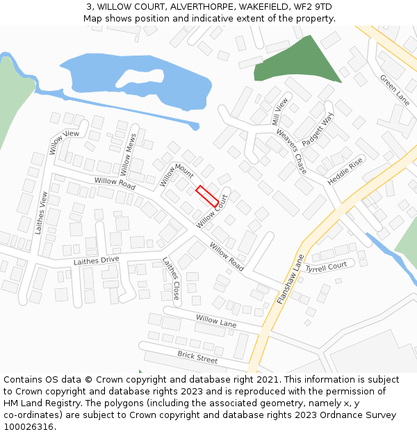 3, WILLOW COURT, ALVERTHORPE, WAKEFIELD, WF2 9TD: Location map and indicative extent of plot