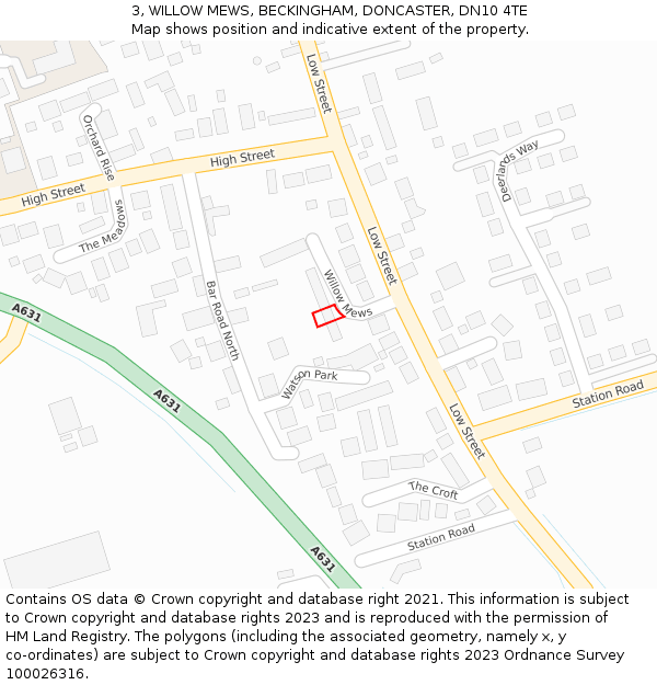 3, WILLOW MEWS, BECKINGHAM, DONCASTER, DN10 4TE: Location map and indicative extent of plot