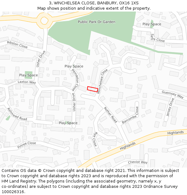 3, WINCHELSEA CLOSE, BANBURY, OX16 1XS: Location map and indicative extent of plot