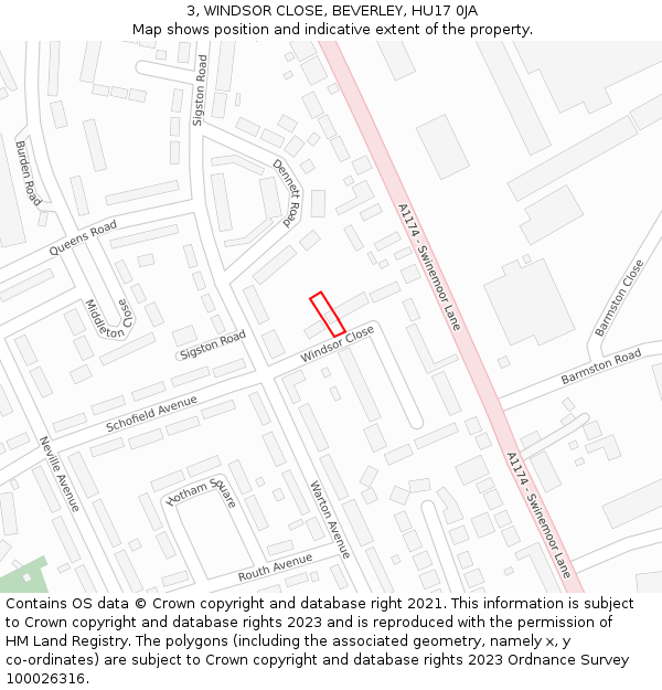 3, WINDSOR CLOSE, BEVERLEY, HU17 0JA: Location map and indicative extent of plot