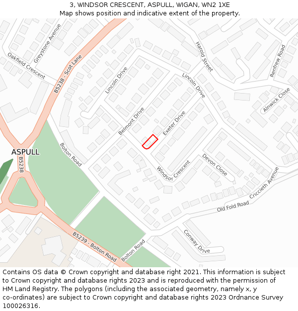3, WINDSOR CRESCENT, ASPULL, WIGAN, WN2 1XE: Location map and indicative extent of plot