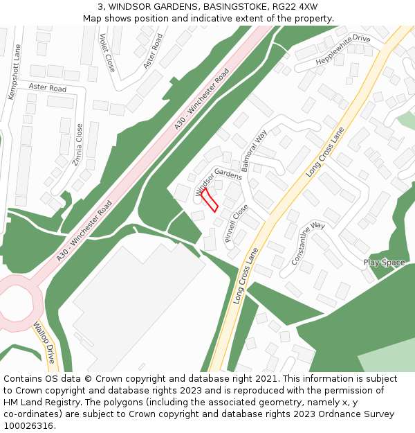 3, WINDSOR GARDENS, BASINGSTOKE, RG22 4XW: Location map and indicative extent of plot