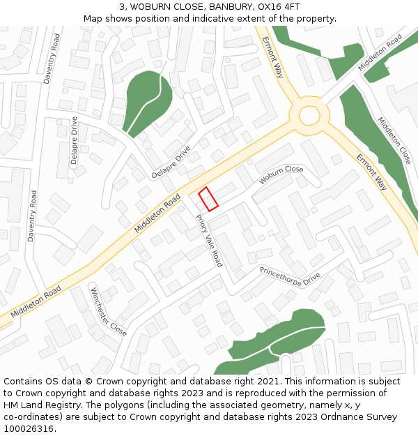 3, WOBURN CLOSE, BANBURY, OX16 4FT: Location map and indicative extent of plot