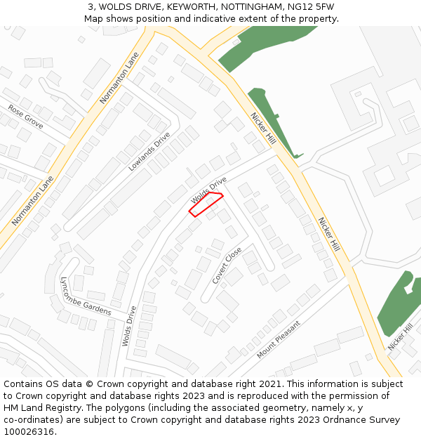 3, WOLDS DRIVE, KEYWORTH, NOTTINGHAM, NG12 5FW: Location map and indicative extent of plot