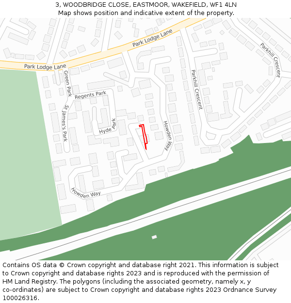 3, WOODBRIDGE CLOSE, EASTMOOR, WAKEFIELD, WF1 4LN: Location map and indicative extent of plot