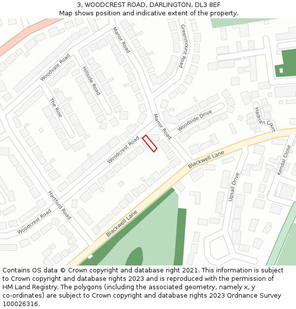 3, WOODCREST ROAD, DARLINGTON, DL3 8EF: Location map and indicative extent of plot