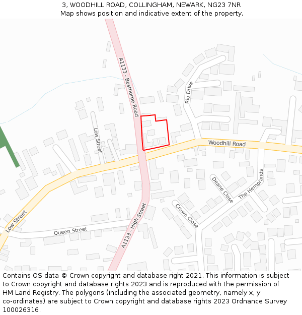 3, WOODHILL ROAD, COLLINGHAM, NEWARK, NG23 7NR: Location map and indicative extent of plot