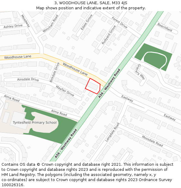 3, WOODHOUSE LANE, SALE, M33 4JS: Location map and indicative extent of plot