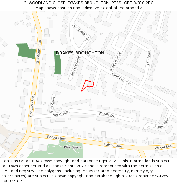 3, WOODLAND CLOSE, DRAKES BROUGHTON, PERSHORE, WR10 2BG: Location map and indicative extent of plot