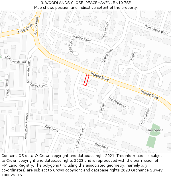 3, WOODLANDS CLOSE, PEACEHAVEN, BN10 7SF: Location map and indicative extent of plot