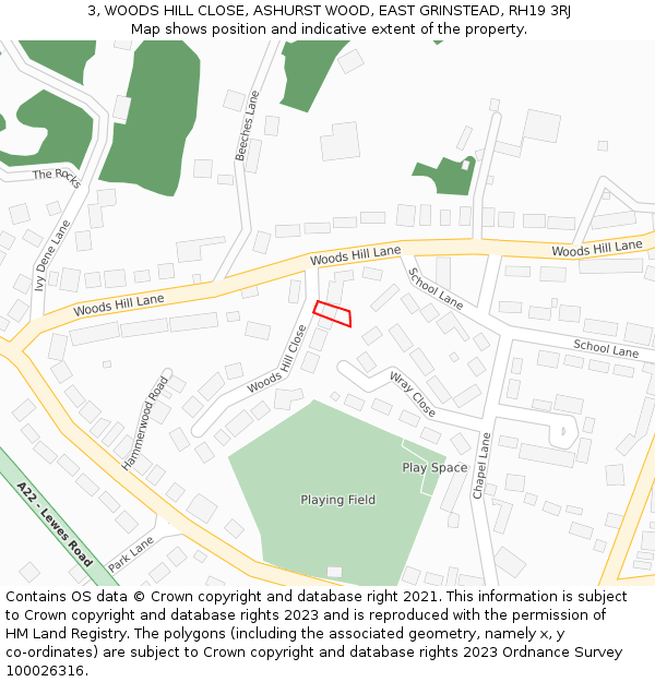 3, WOODS HILL CLOSE, ASHURST WOOD, EAST GRINSTEAD, RH19 3RJ: Location map and indicative extent of plot