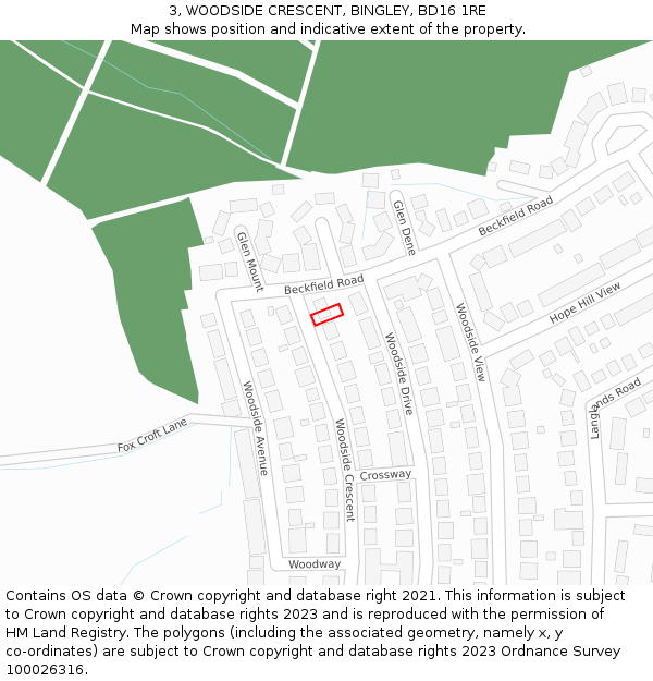 3, WOODSIDE CRESCENT, BINGLEY, BD16 1RE: Location map and indicative extent of plot