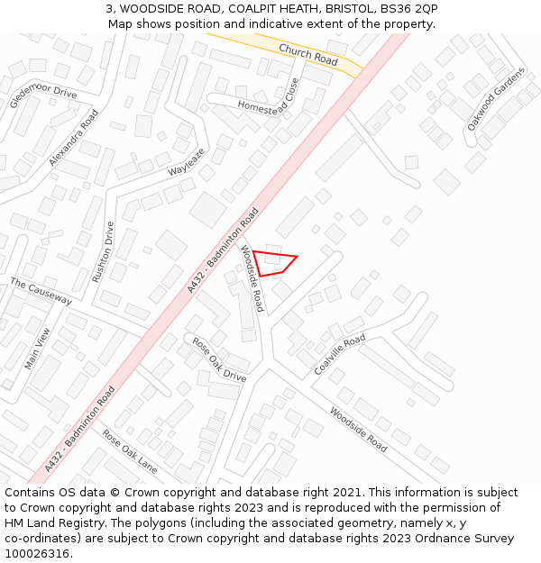 3, WOODSIDE ROAD, COALPIT HEATH, BRISTOL, BS36 2QP: Location map and indicative extent of plot