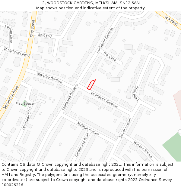 3, WOODSTOCK GARDENS, MELKSHAM, SN12 6AN: Location map and indicative extent of plot