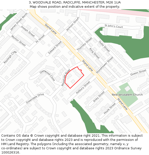 3, WOODVALE ROAD, RADCLIFFE, MANCHESTER, M26 1UA: Location map and indicative extent of plot