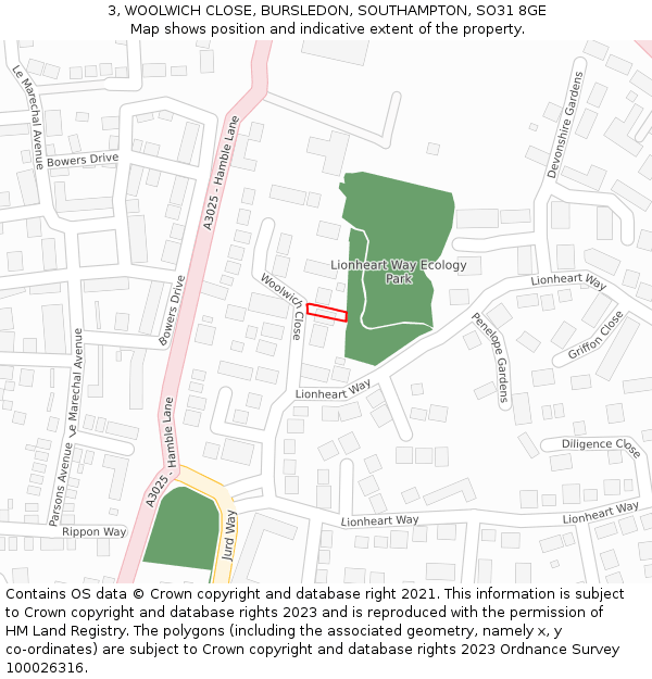 3, WOOLWICH CLOSE, BURSLEDON, SOUTHAMPTON, SO31 8GE: Location map and indicative extent of plot