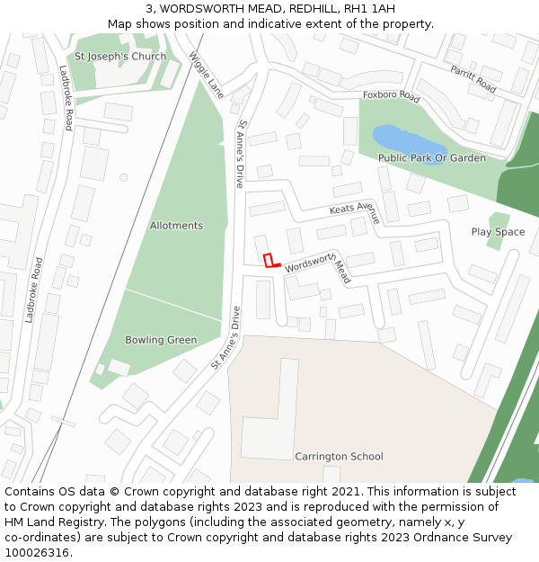 3, WORDSWORTH MEAD, REDHILL, RH1 1AH: Location map and indicative extent of plot