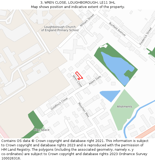 3, WREN CLOSE, LOUGHBOROUGH, LE11 3HL: Location map and indicative extent of plot