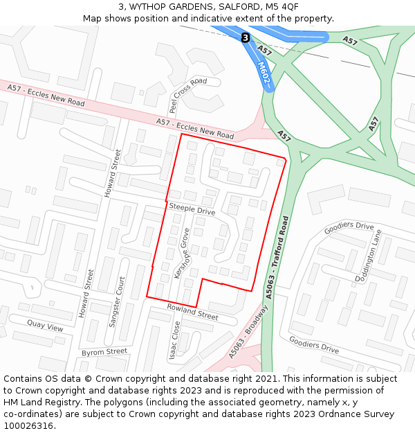 3, WYTHOP GARDENS, SALFORD, M5 4QF: Location map and indicative extent of plot