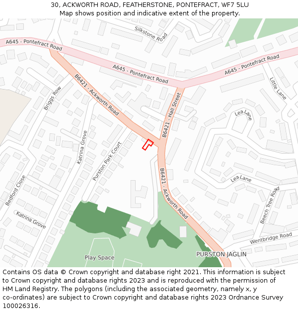 30, ACKWORTH ROAD, FEATHERSTONE, PONTEFRACT, WF7 5LU: Location map and indicative extent of plot
