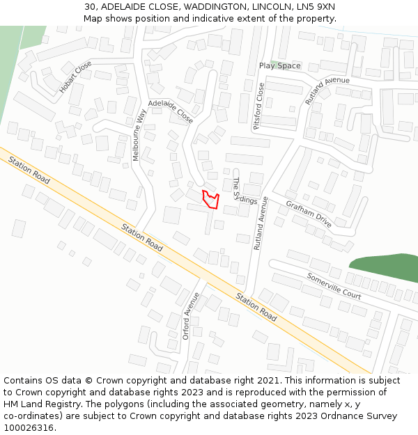 30, ADELAIDE CLOSE, WADDINGTON, LINCOLN, LN5 9XN: Location map and indicative extent of plot