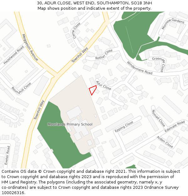 30, ADUR CLOSE, WEST END, SOUTHAMPTON, SO18 3NH: Location map and indicative extent of plot