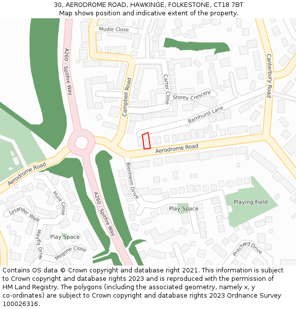 30, AERODROME ROAD, HAWKINGE, FOLKESTONE, CT18 7BT: Location map and indicative extent of plot