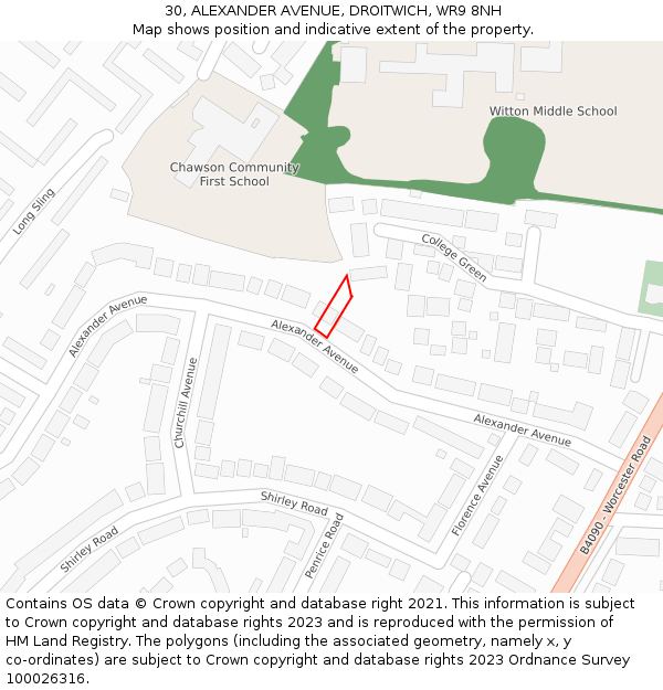 30, ALEXANDER AVENUE, DROITWICH, WR9 8NH: Location map and indicative extent of plot