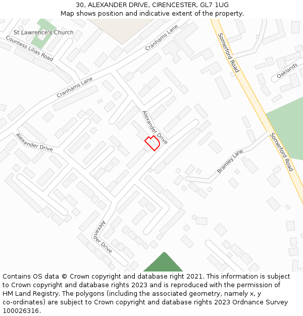 30, ALEXANDER DRIVE, CIRENCESTER, GL7 1UG: Location map and indicative extent of plot