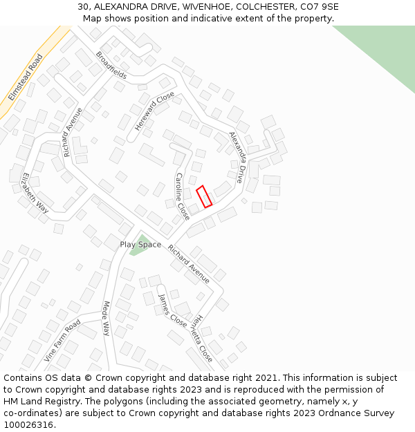 30, ALEXANDRA DRIVE, WIVENHOE, COLCHESTER, CO7 9SE: Location map and indicative extent of plot