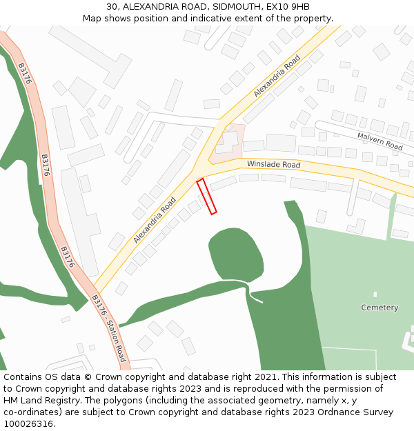 30, ALEXANDRIA ROAD, SIDMOUTH, EX10 9HB: Location map and indicative extent of plot